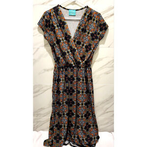 Blue Orange Yellow Floral Medallion Midi Dress Short Sleeves Pockets Size M